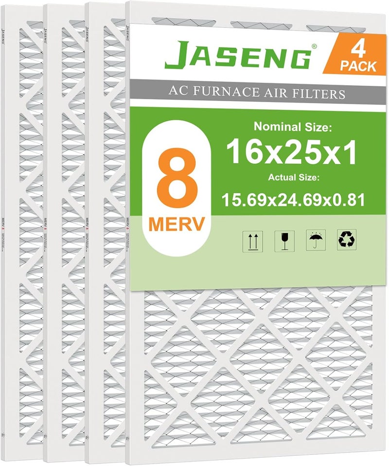 JASENG Furnace Filters 16x25x1 MERV 8, MPR 600, 4 Pack Air Filter for HVAC/AC Furnace - Actual Size: 15.75"x24.75"x0.75" - Image 1